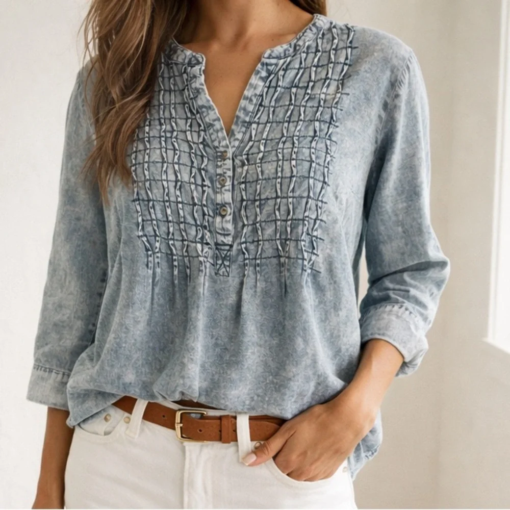 Mineral Wash 100% Cotton Denim Blouse | Pintuck Boho Henley Top XL - Picture 1 of 7